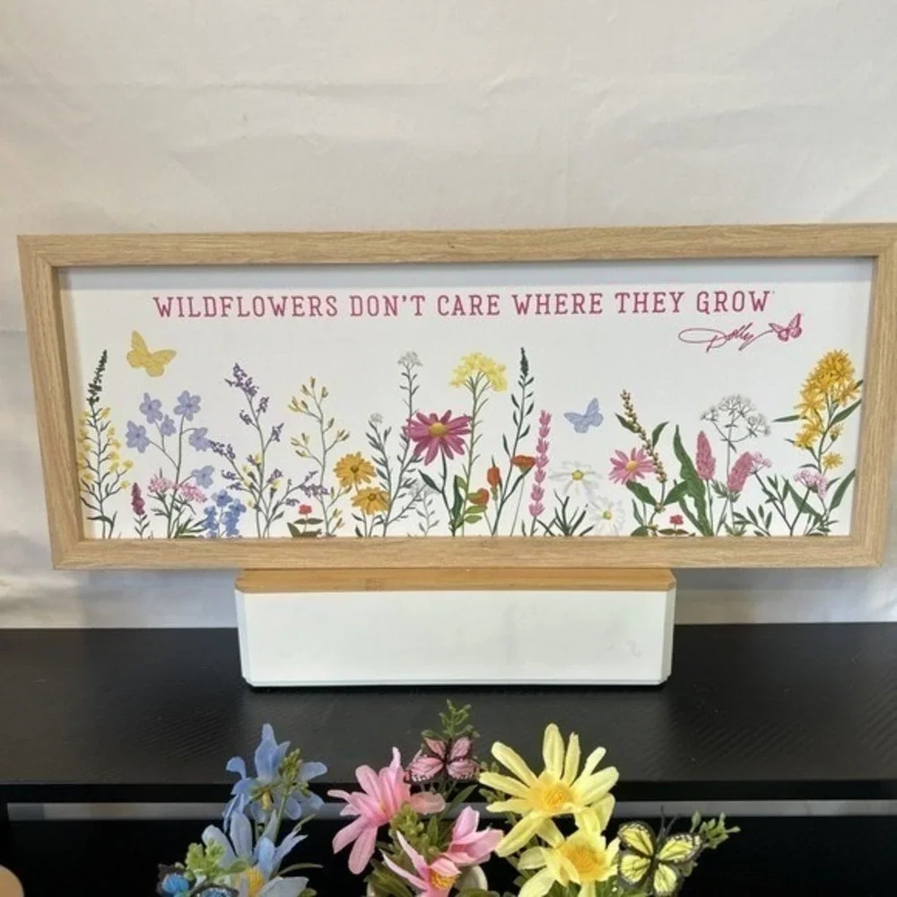 Dolly Parton Wildflower Spring 8X20‎ Sign & 3 Artificial Flowers w/ Butterfly